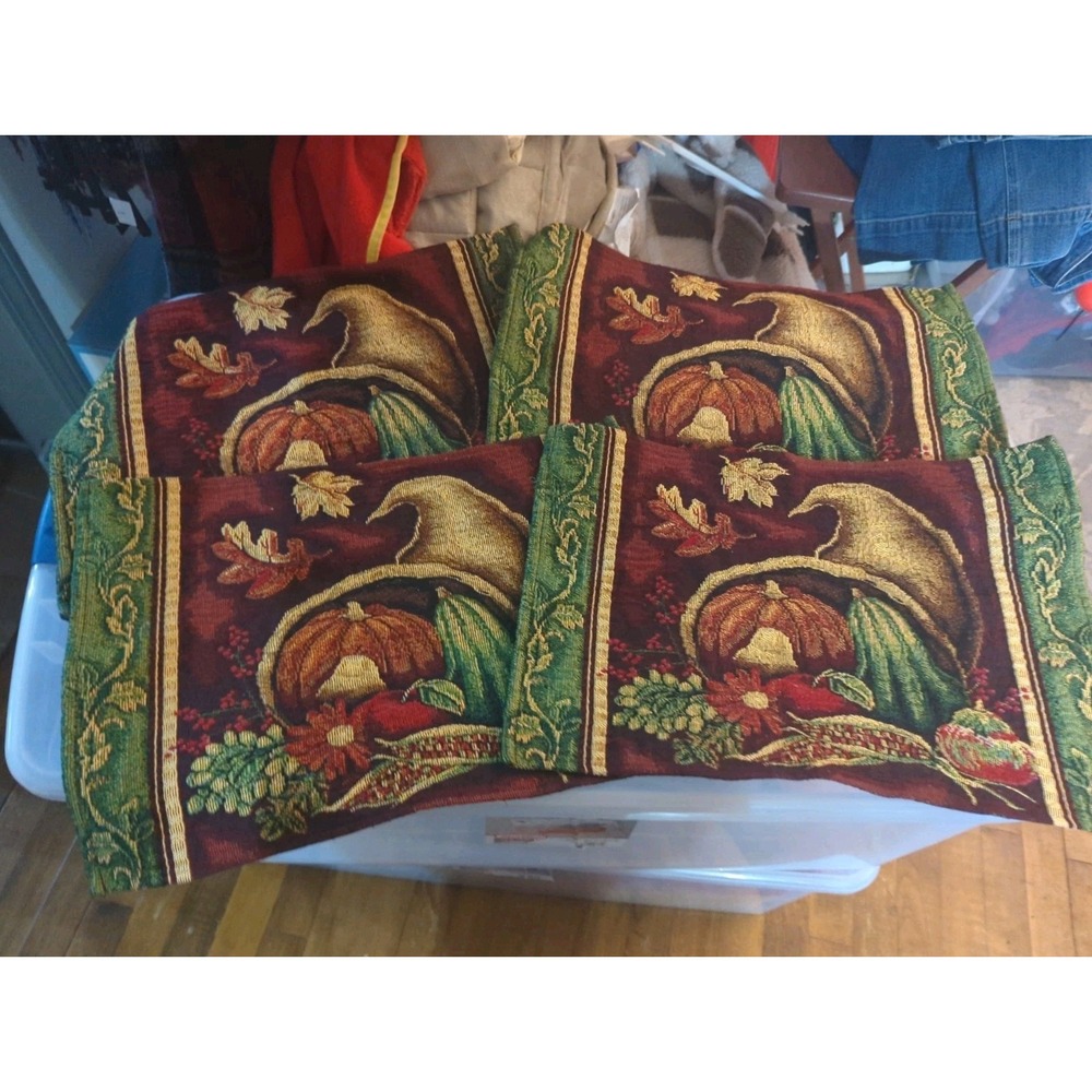 4 Fall Cornucopia Pumpkin Tapestry Placemats  Autumn Leaves Indian Corn